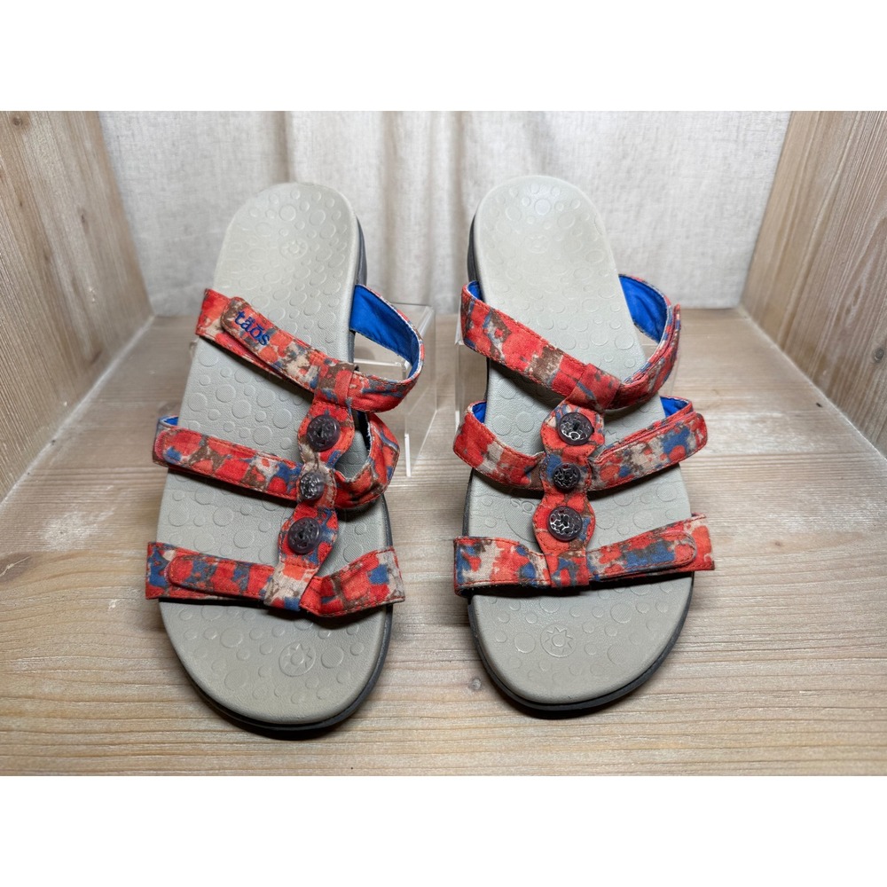 Taos Celebration Sandals Womens 11 Red Blue Abstract Print Adjustable Slides